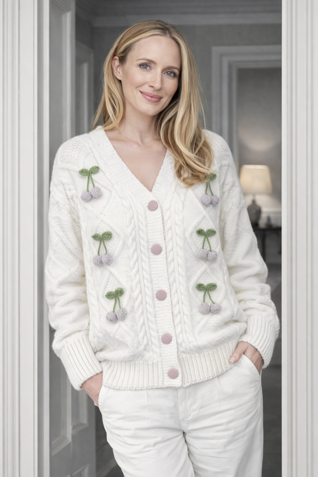 Simone Cardigan, White with Cherries