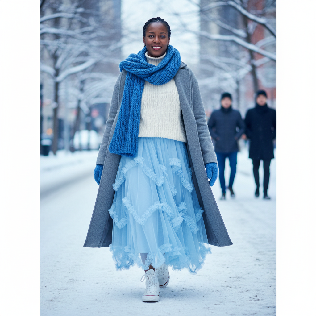 Layered Tulle Skirt with Ruffled Cascades, Blue