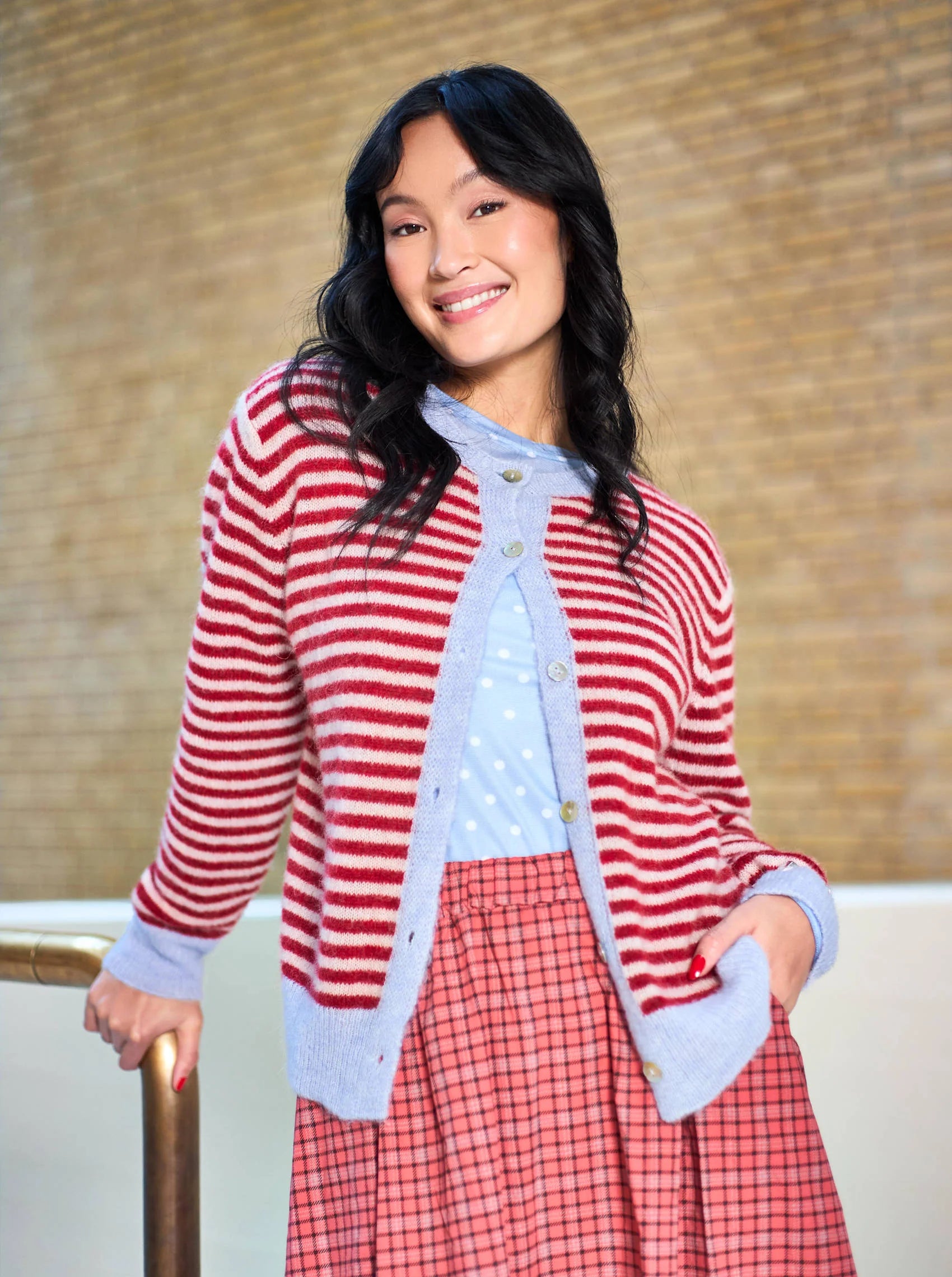 Dell Striped Knit Cardigan, Red