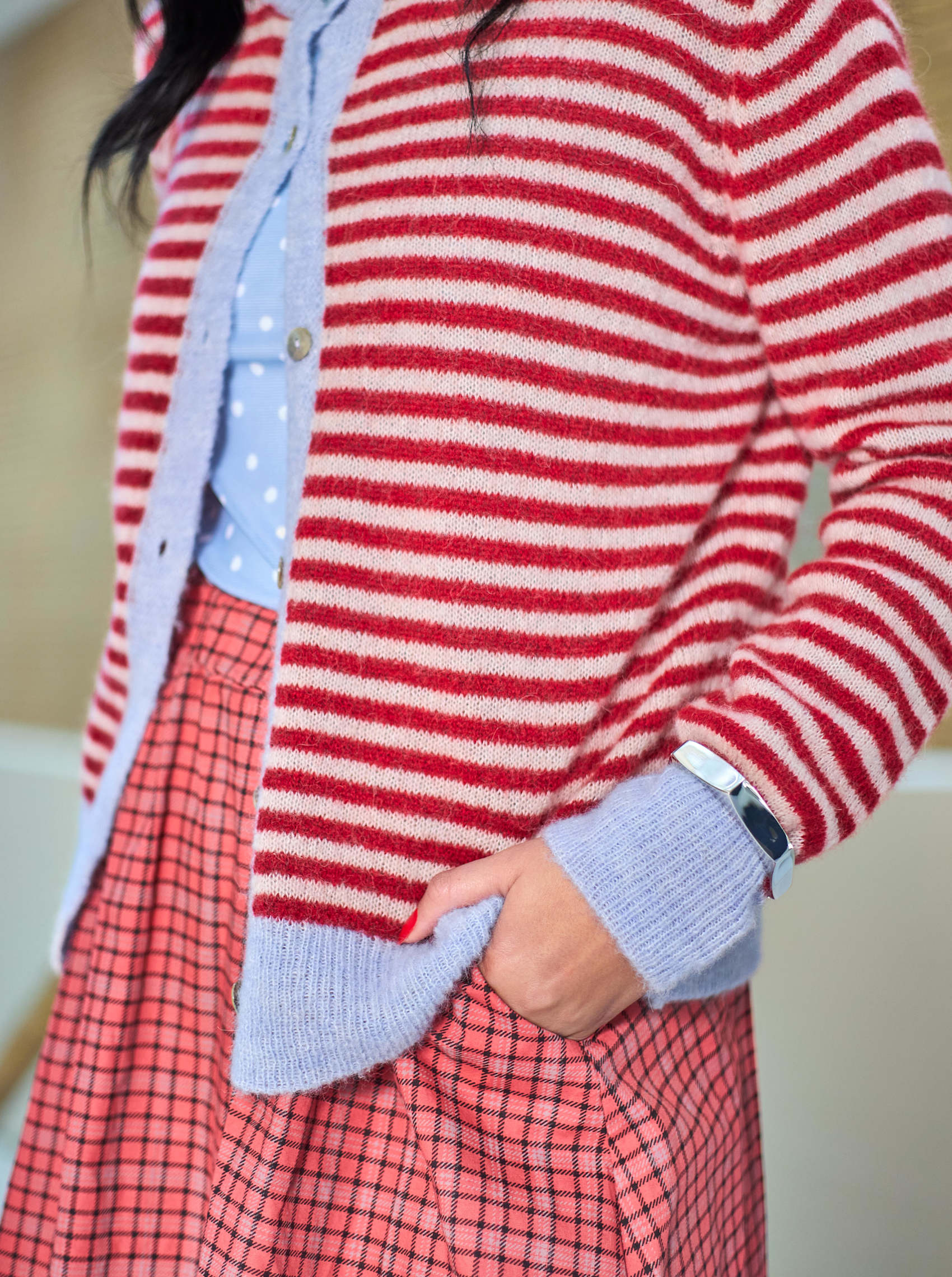 Dell Striped Knit Cardigan, Red