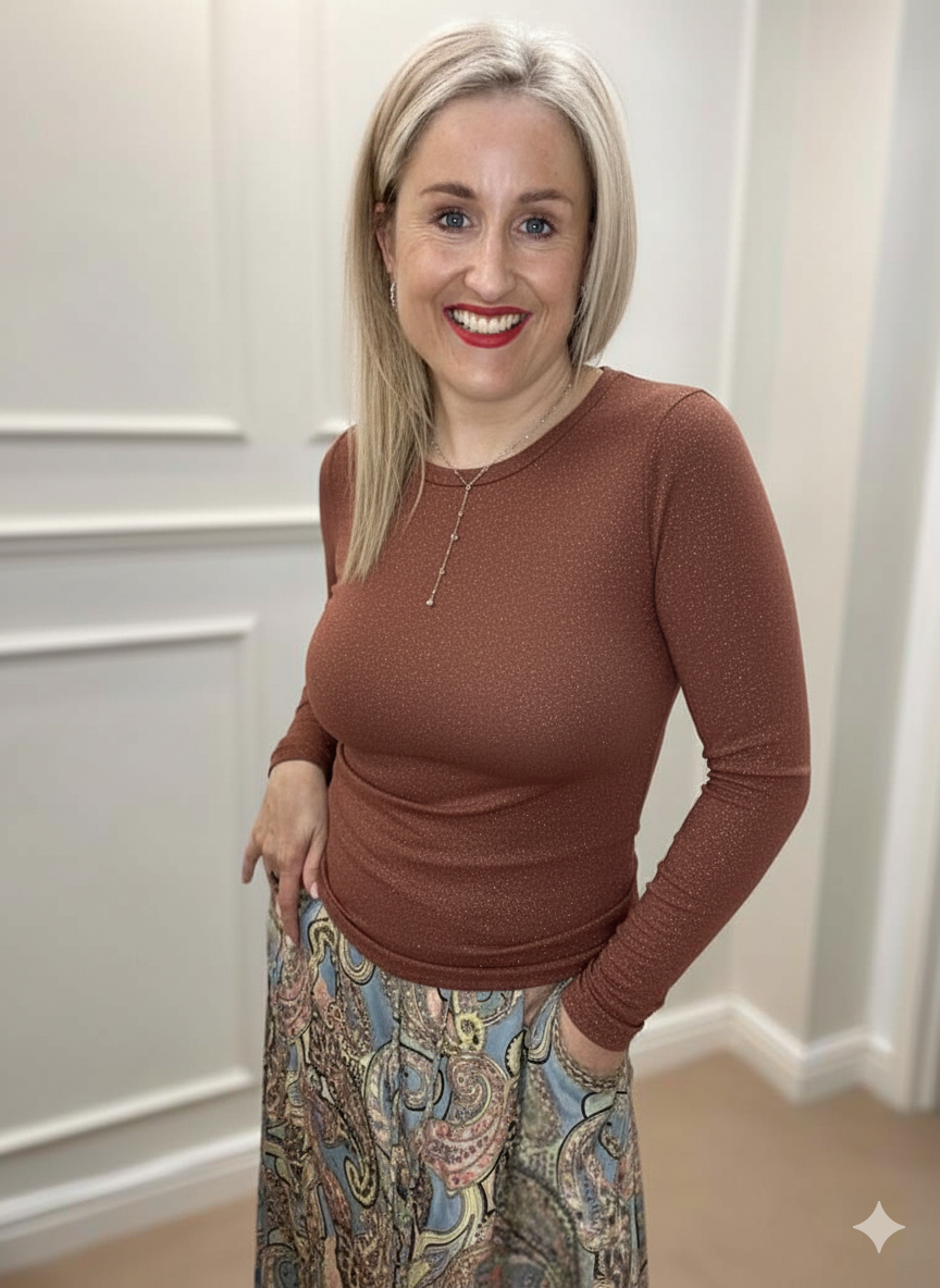 Faye Lurex Long-Sleeved Top, Coffee colour