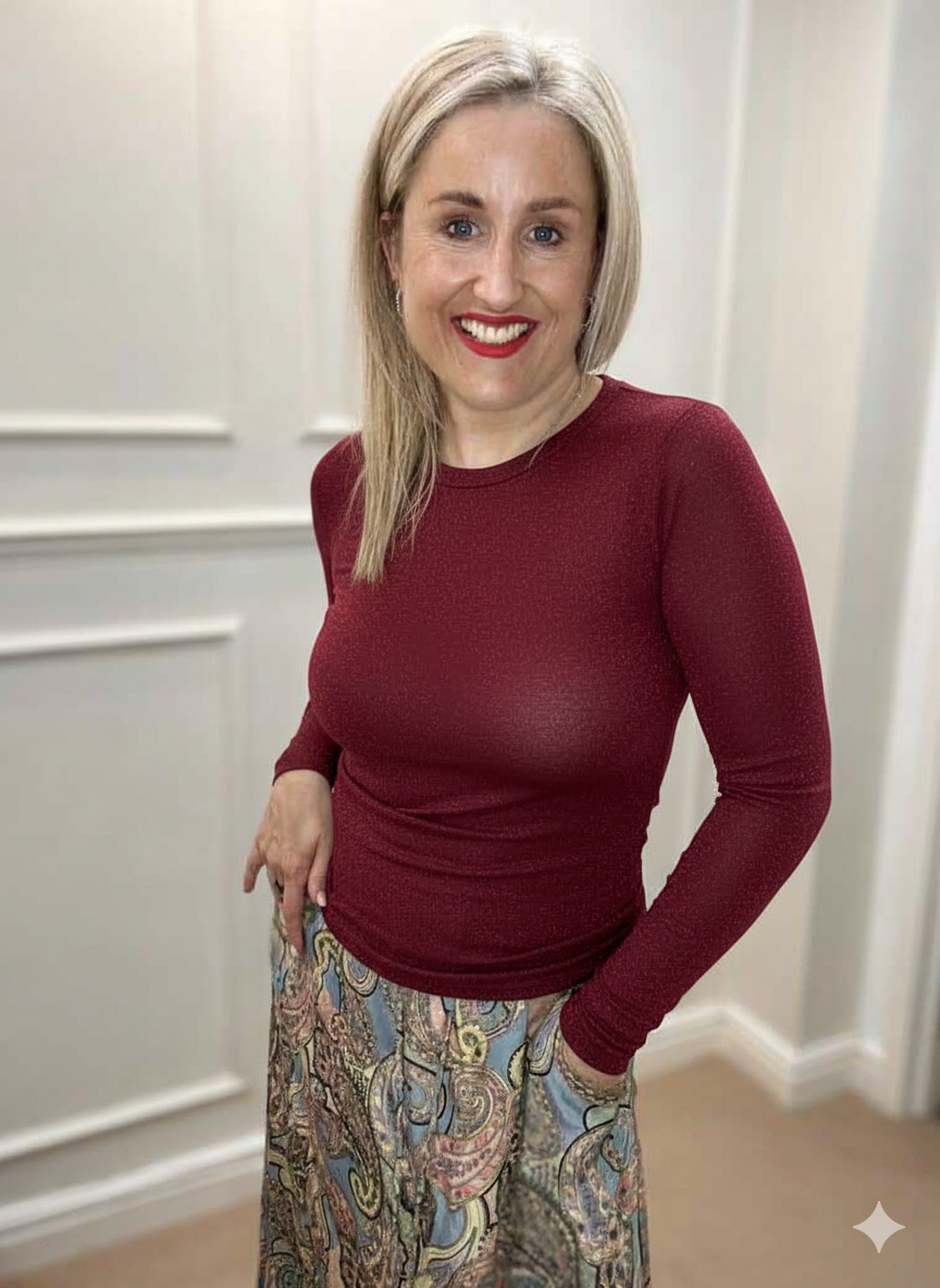 Faye Lurex Long-Sleeved Top, Plum colour