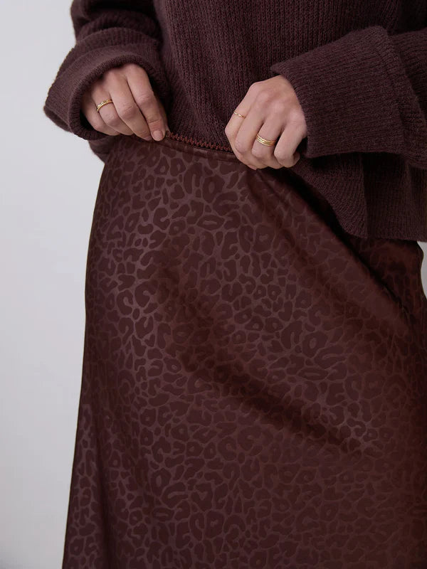 Bria Satin Skirt, Brown Animal