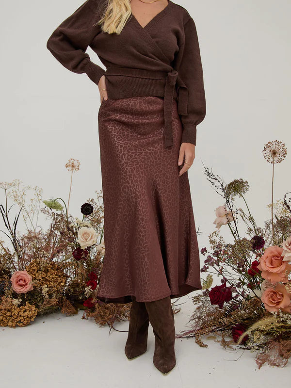 Bria Satin Skirt, Brown Animal