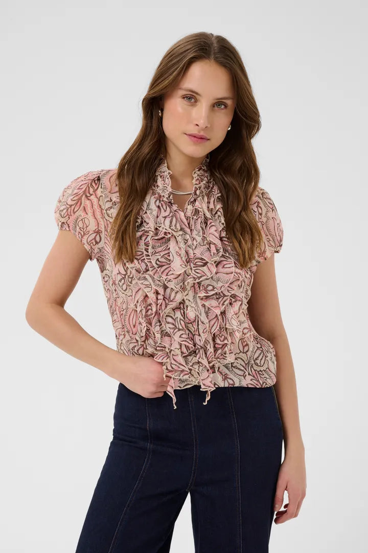 Lilja Crinkle Short Sleeved Shirt, Dusty Pinks Arty Blooms