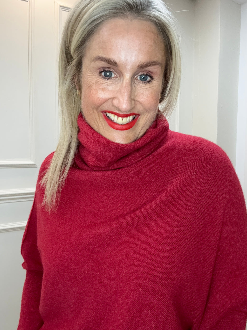 Roll-Neck Asymmetric Knit, Claret