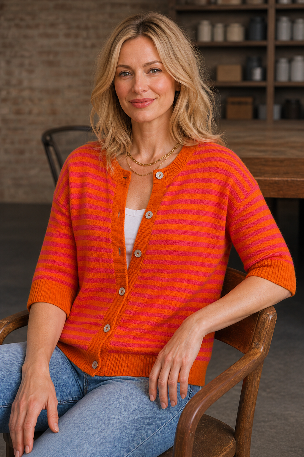 Brodie Bracelet-Sleeved Cardigan, Fuchsia & Orange Stripe