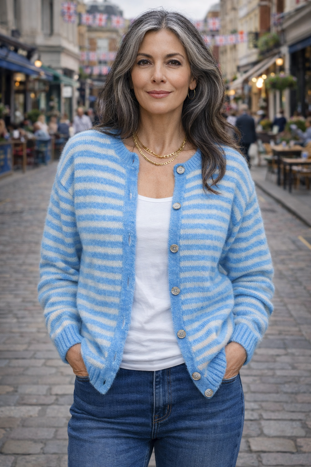 Brodie Cardigan, Blue & Cream Stripe