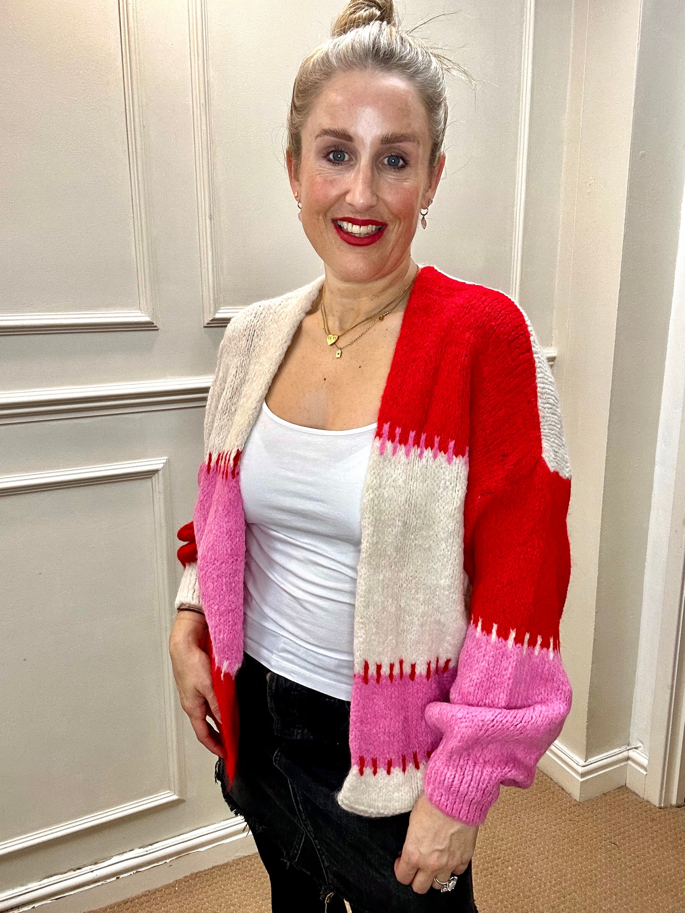 Cynthia Blanket Stitch Cardigan, Red & Pink