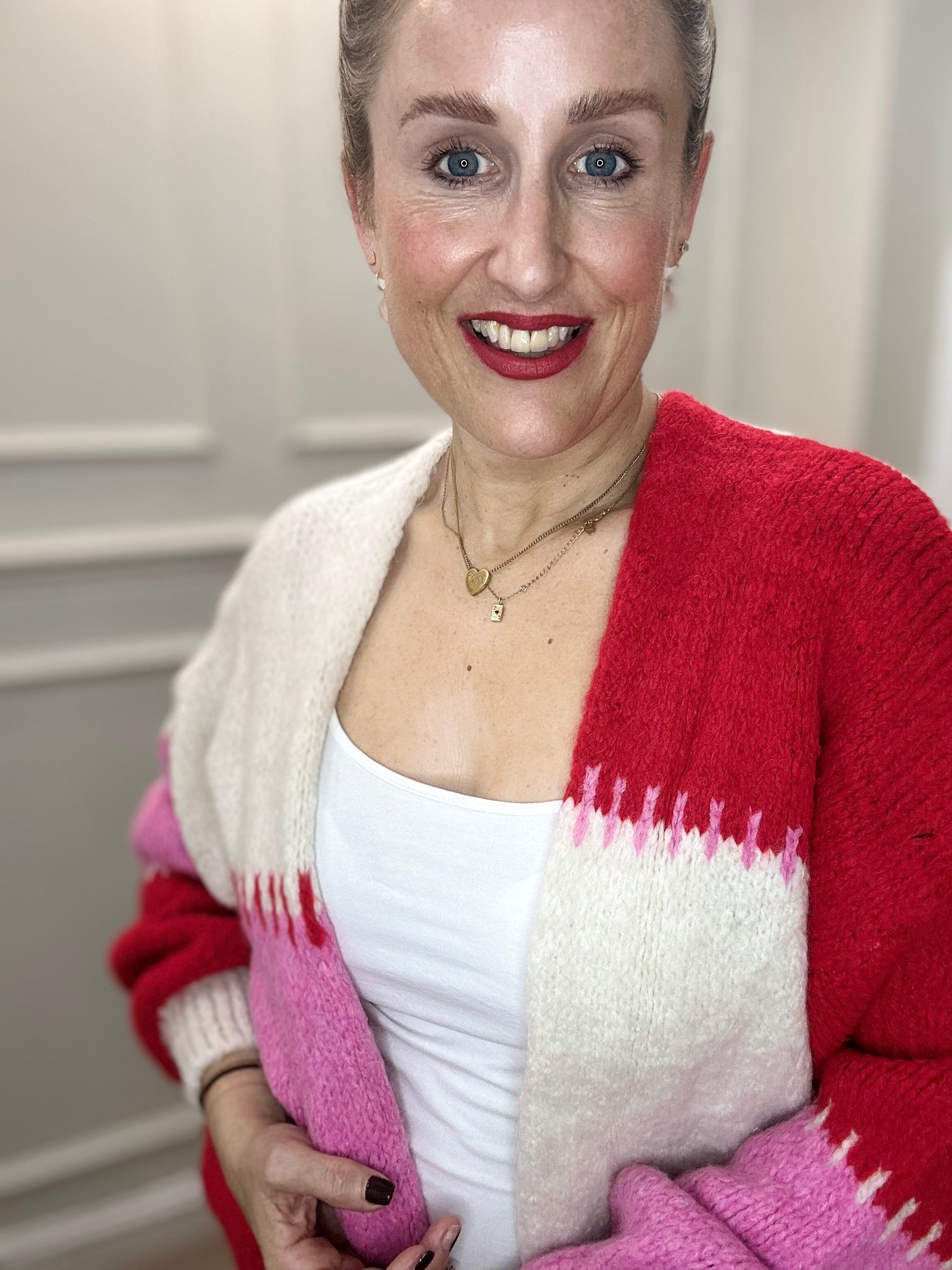 Cynthia Blanket Stitch Cardigan, Red & Pink