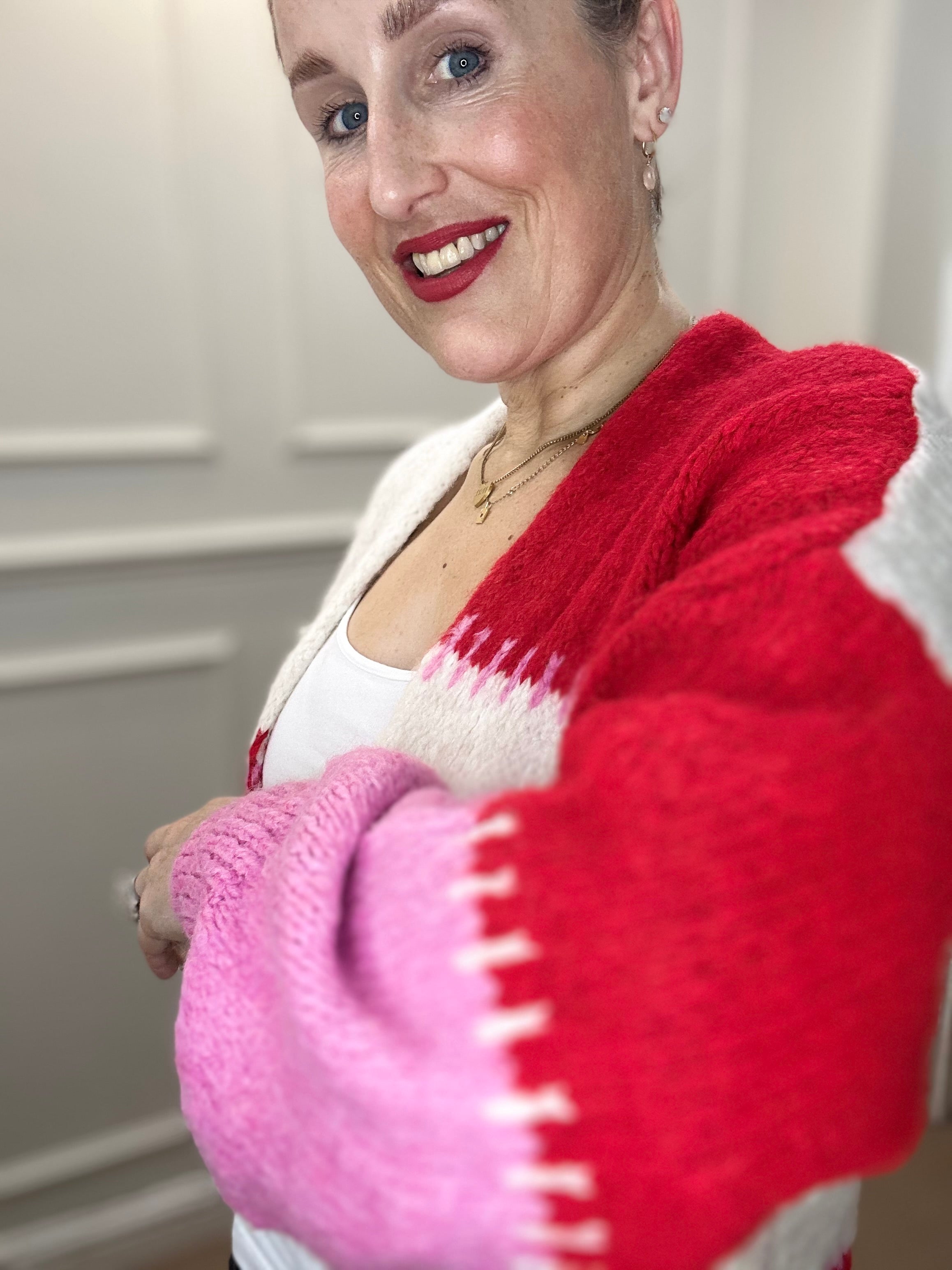 Cynthia Blanket Stitch Cardigan, Red & Pink
