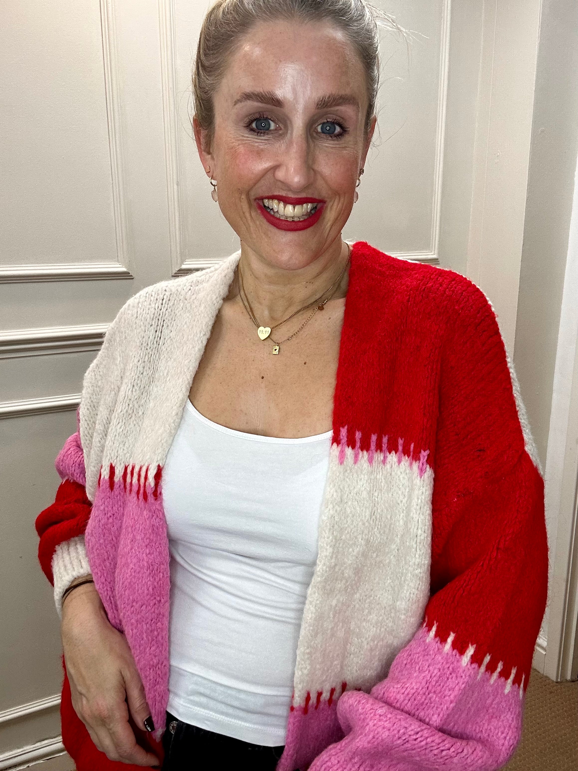 Cynthia Blanket Stitch Cardigan, Red & Pink