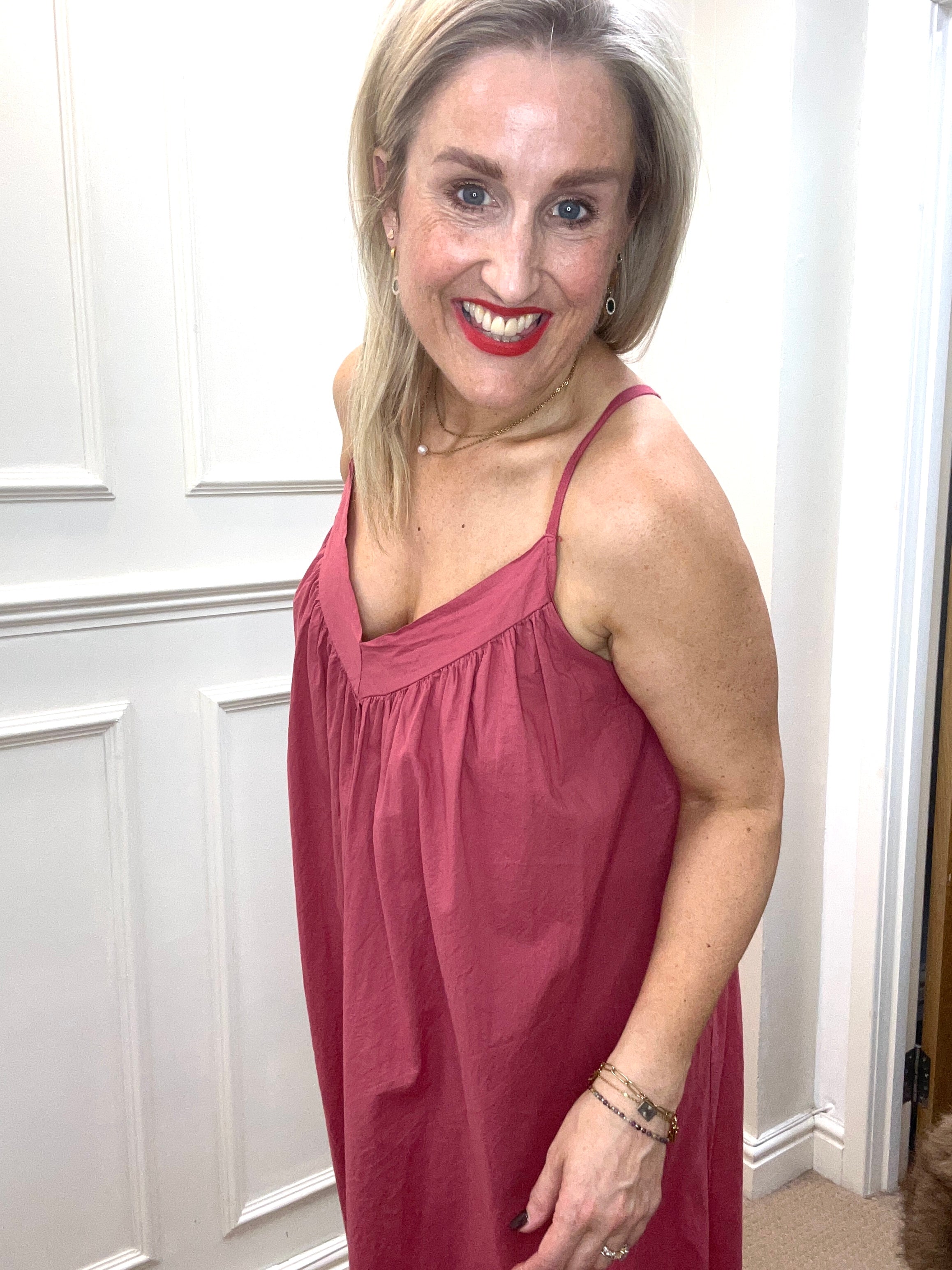 Cynthia Cotton Dress, Deep Crimson