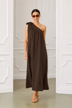 Daria Linen Dress, Chocolate Brown