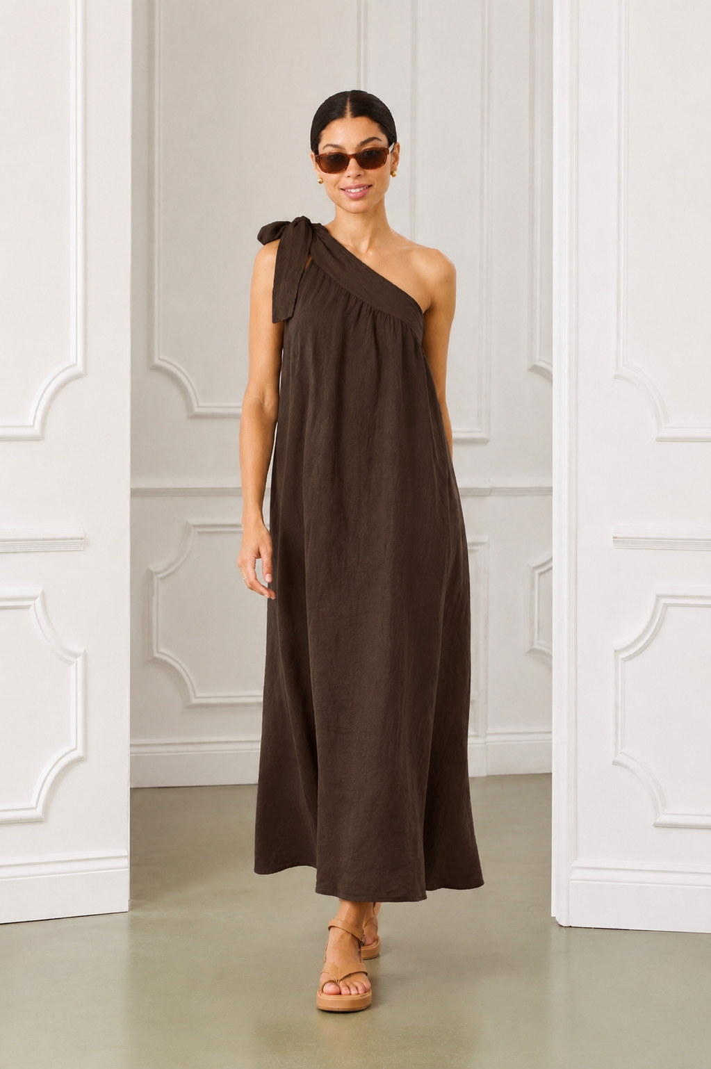 Daria Linen Dress, Chocolate Brown