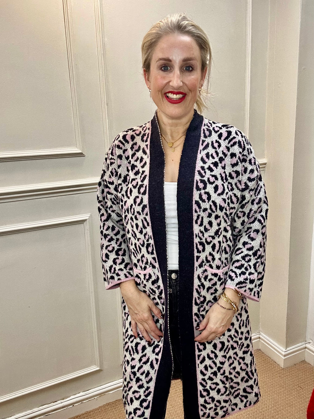 Fiona Edge-to-Edge Cardigan, Pink & Black Leopard print