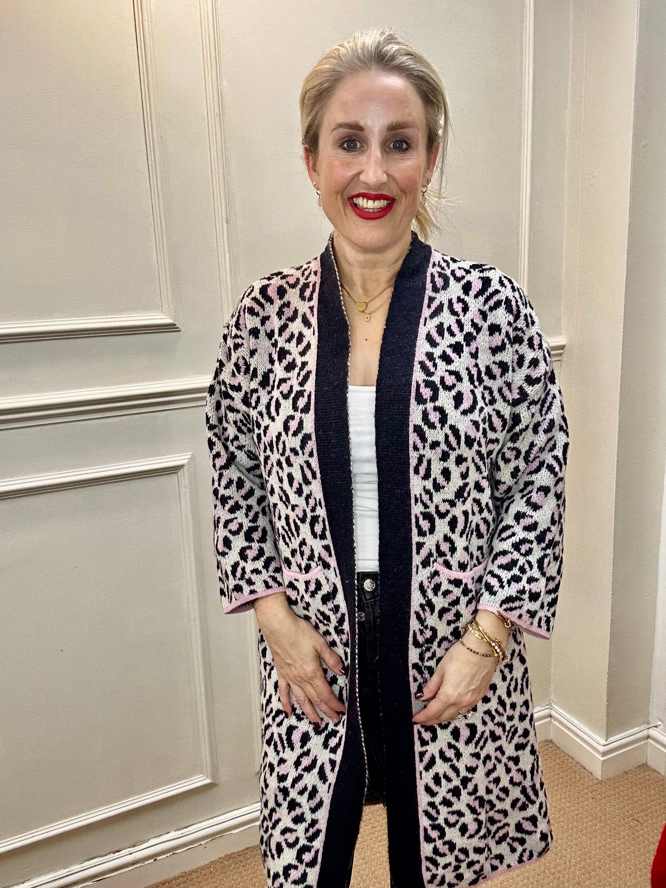 Fiona Edge-to-Edge Cardigan, Pink & Black Leopard print