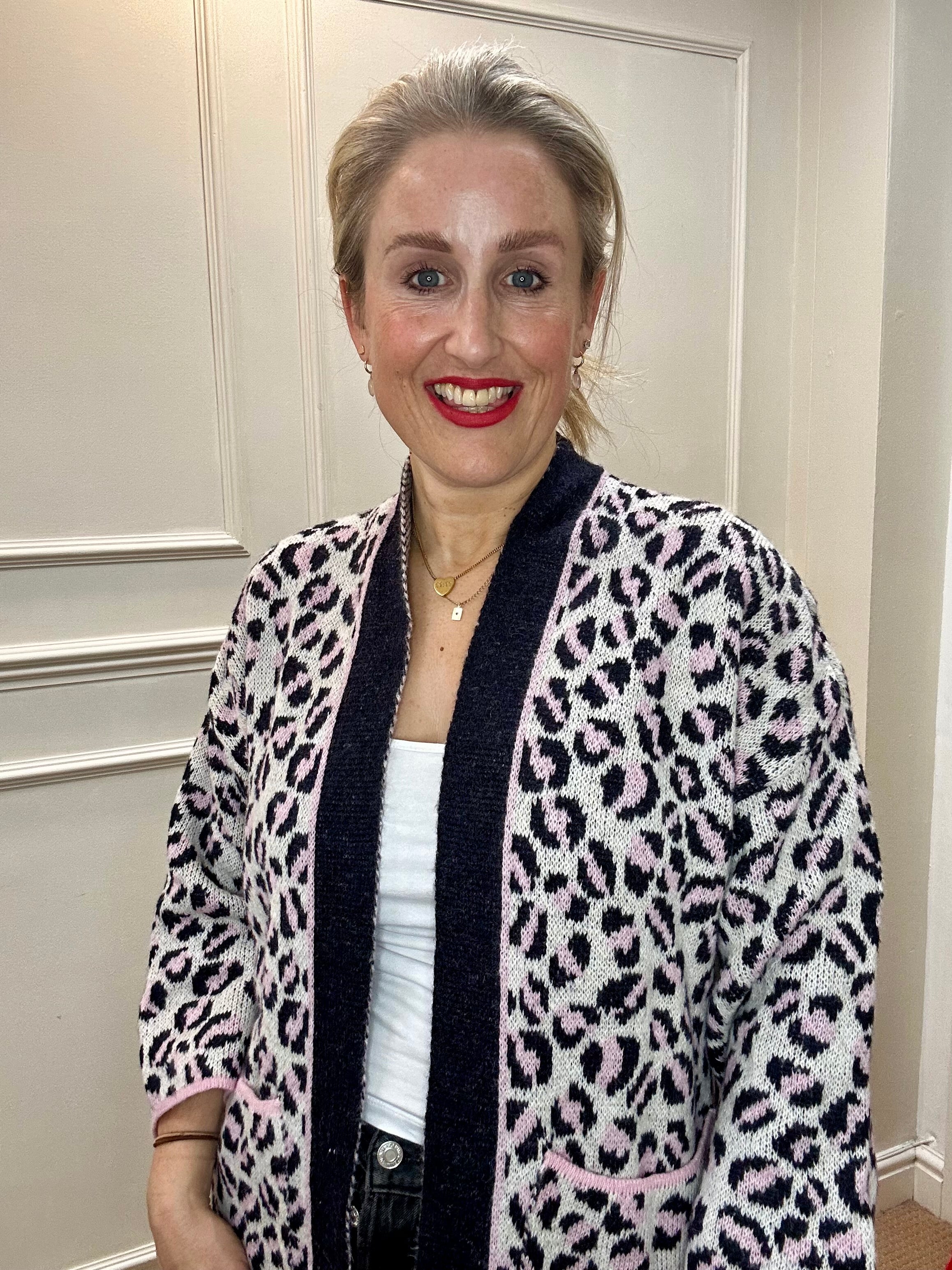 Fiona Edge-to-Edge Cardigan, Pink & Black Leopard print