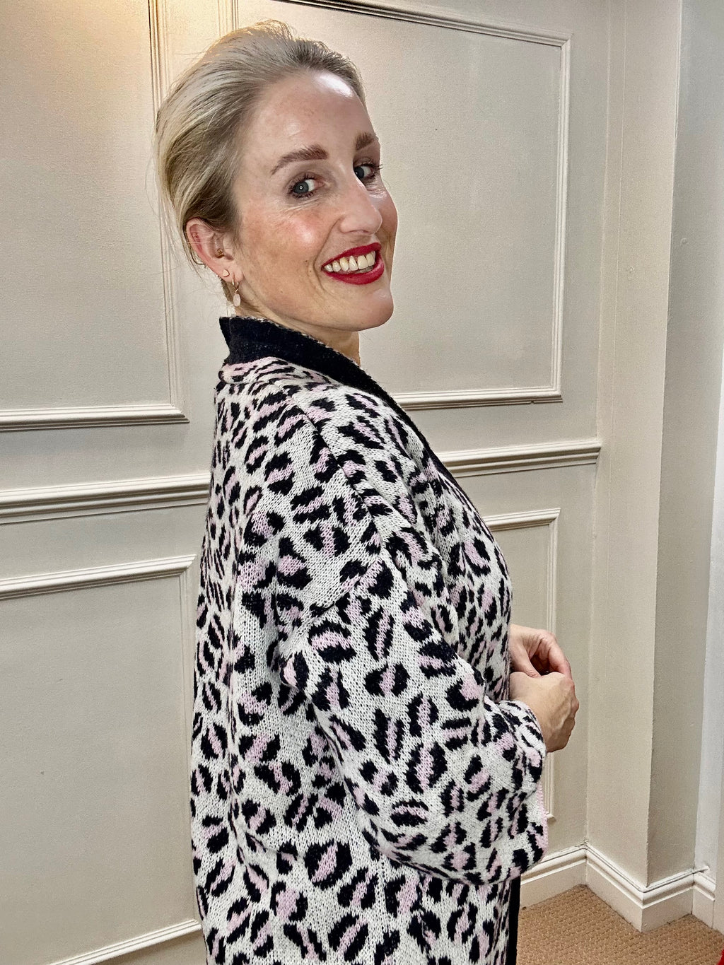 Fiona Edge-to-Edge Cardigan, Pink & Black Leopard print
