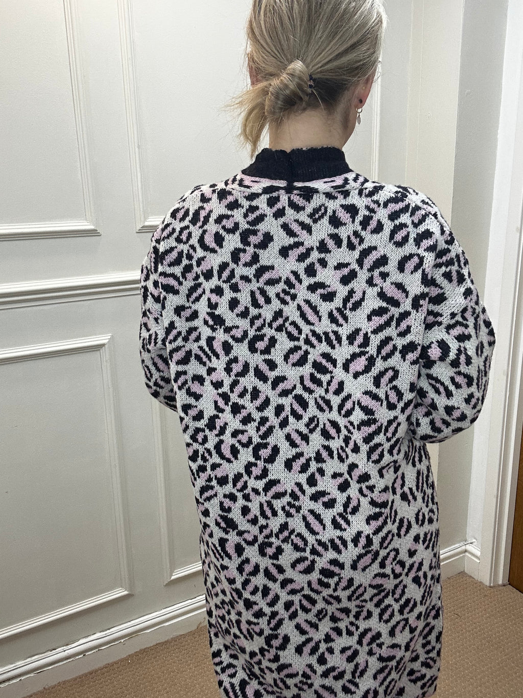 Fiona Edge-to-Edge Cardigan, Pink & Black Leopard print