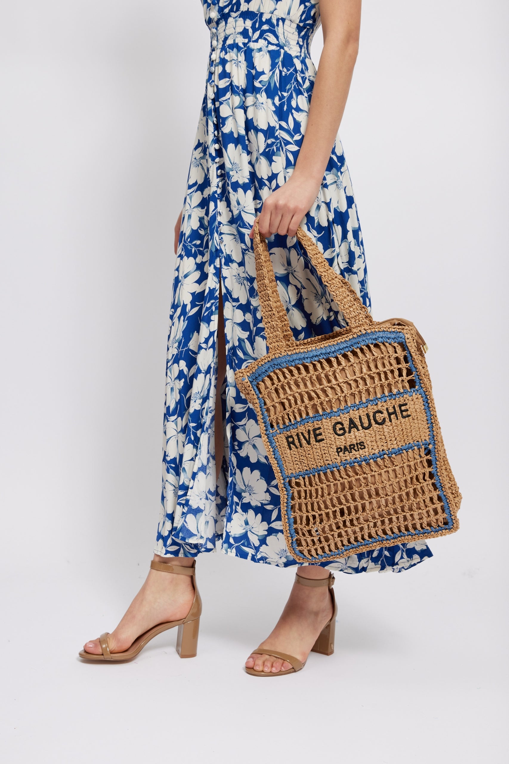 Holly Crocheted Raffia Tote, Neutral & Blue