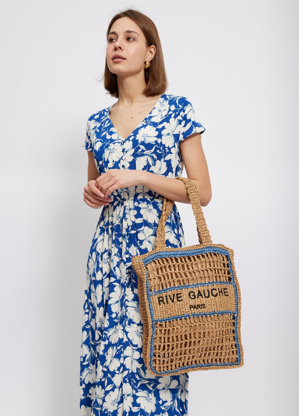 Holly Crocheted Raffia Tote, Neutral & Blue