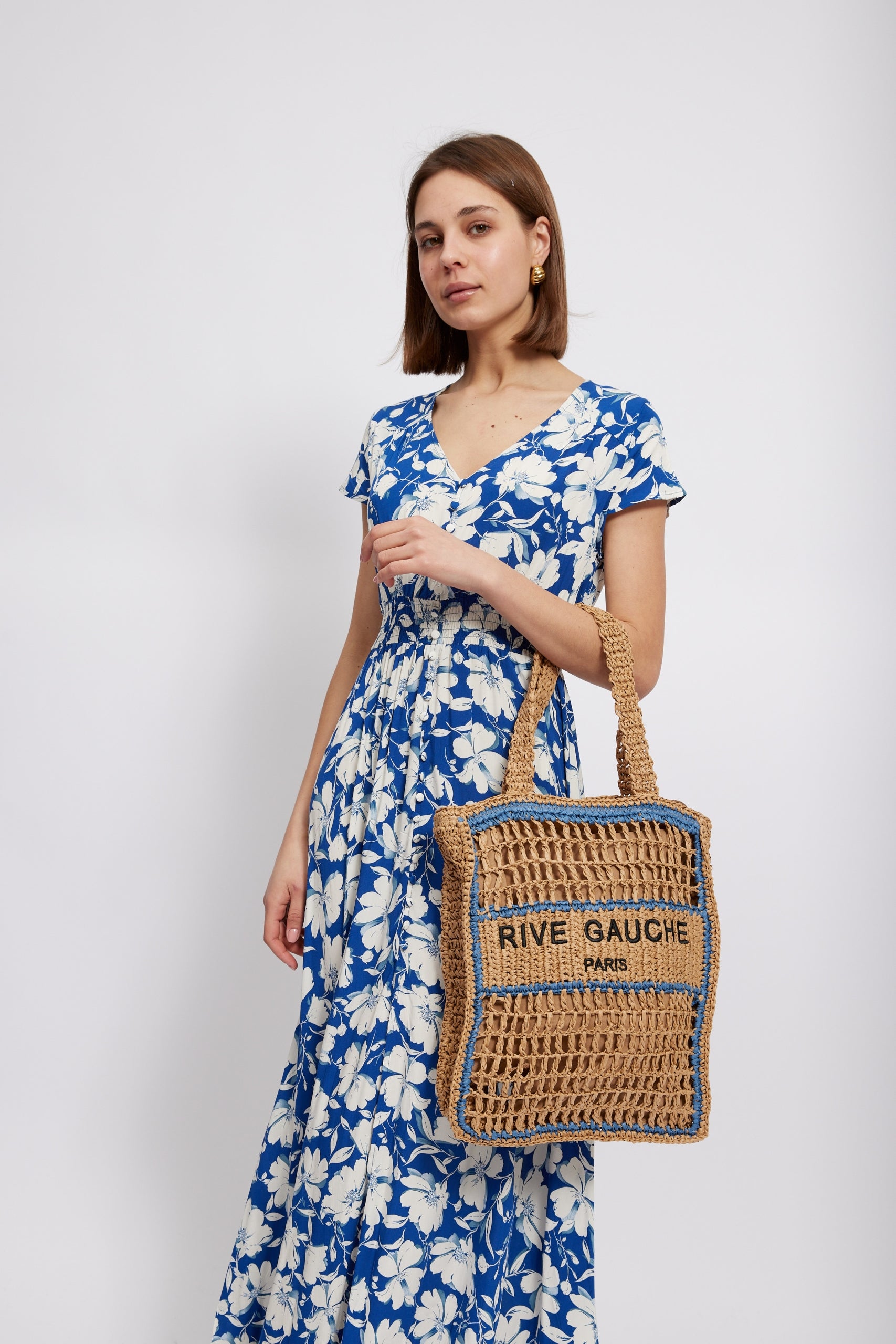 Holly Crocheted Raffia Tote, Neutral & Blue