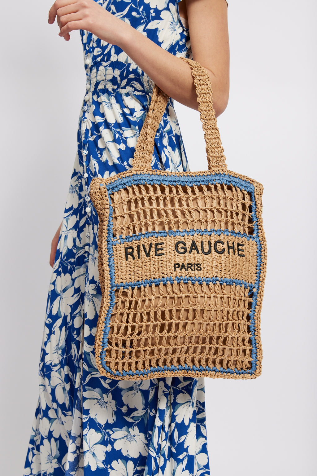 Holly Crocheted Raffia Tote, Neutral & Blue