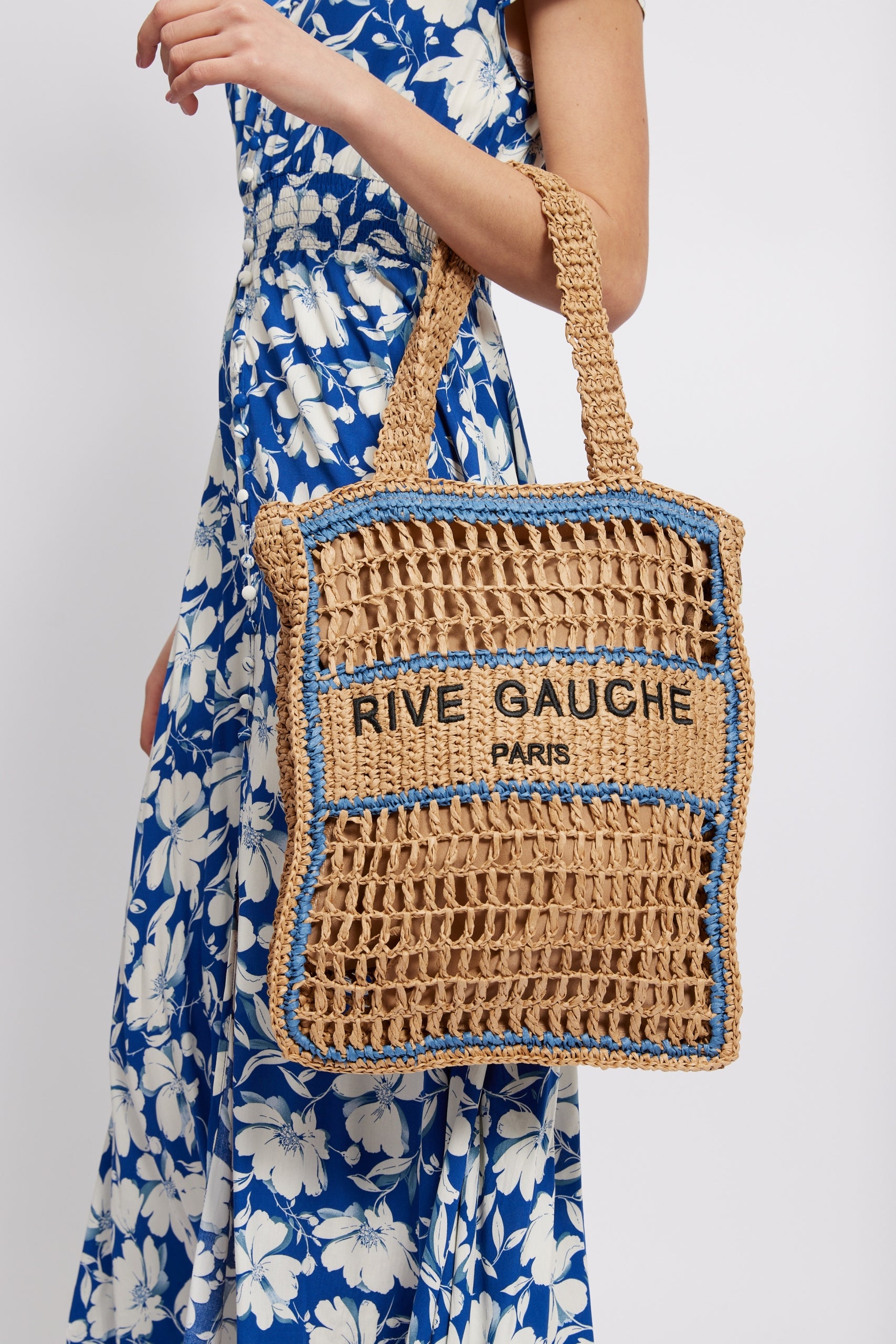Holly Crocheted Raffia Tote, Neutral & Blue