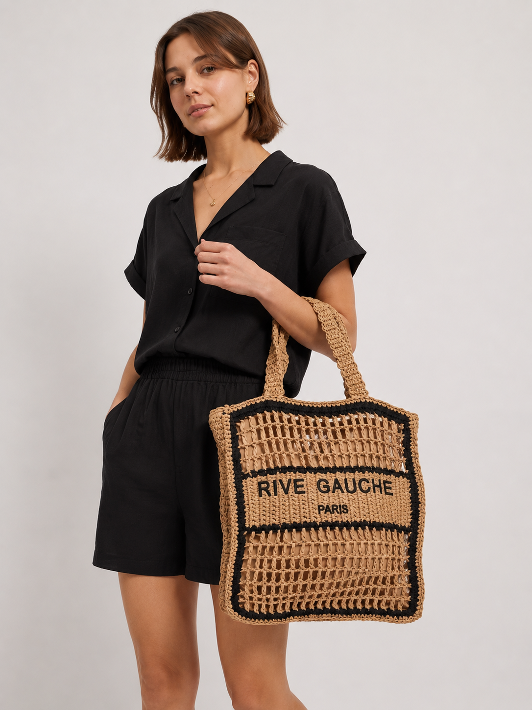 Holly Crocheted Raffia Tote, Neutral & Black