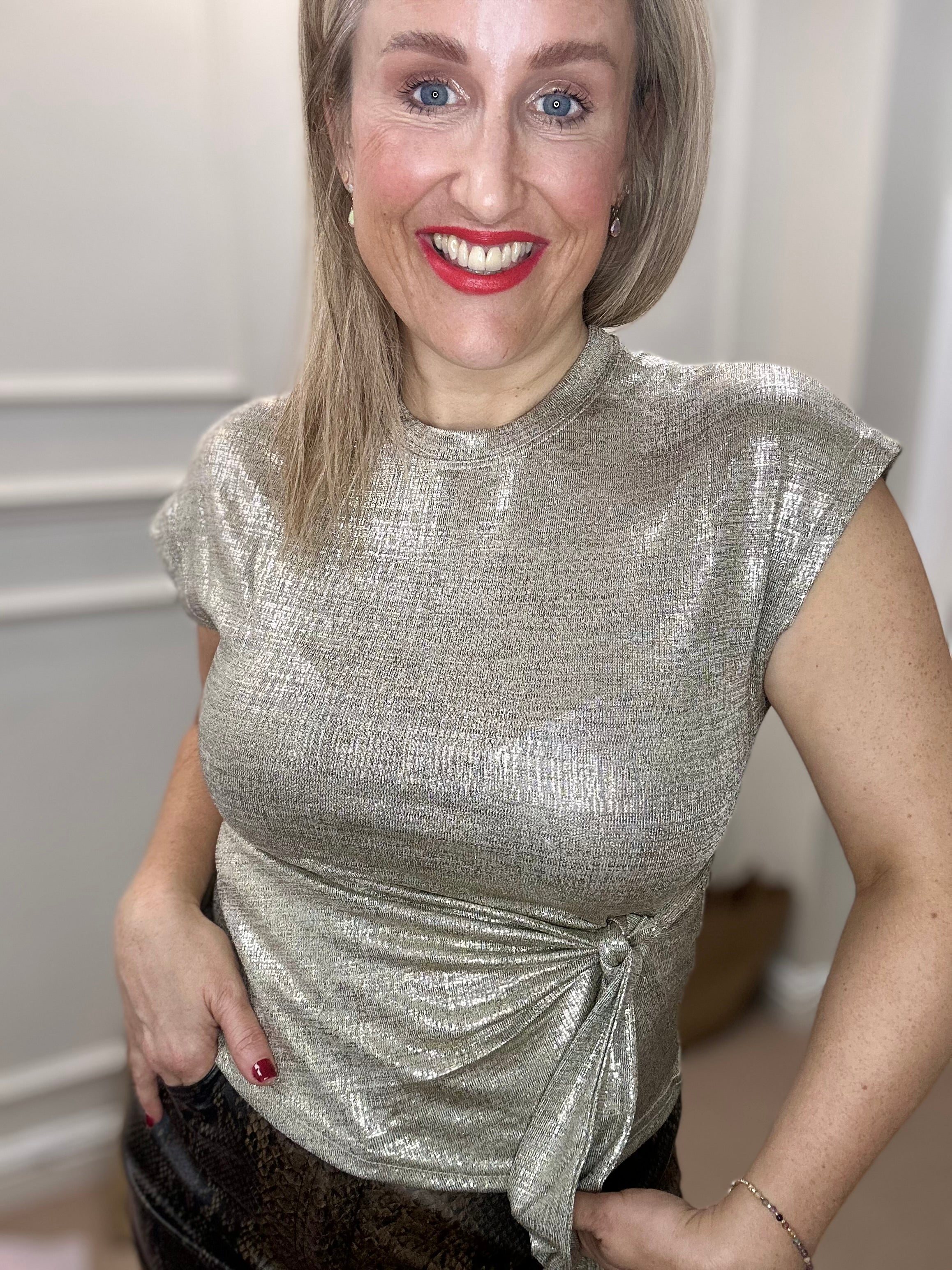 Lina Metallic Wrap Top, Gold