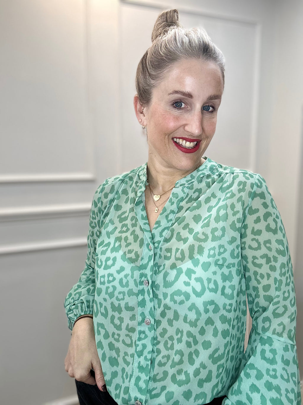 Maggie Blouse, Green Leopard Print