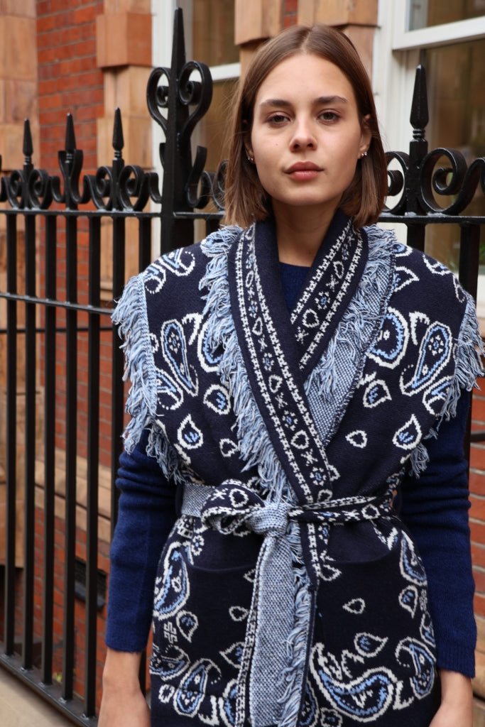 Odette Jacquard Knit Wool Cashmere Gilet, Navy