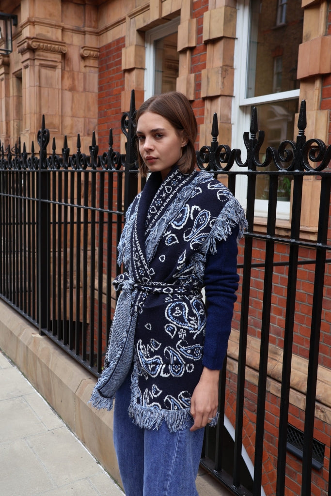 Odette Jacquard Knit Wool Cashmere Gilet, Navy