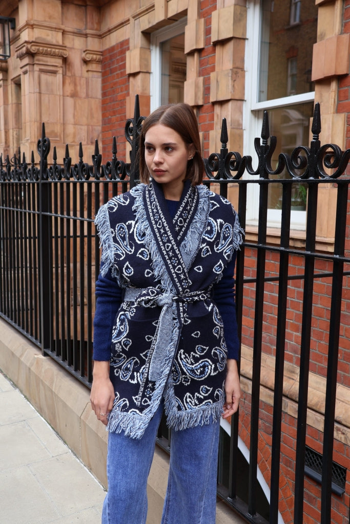 Odette Jacquard Knit Wool Cashmere Gilet, Navy