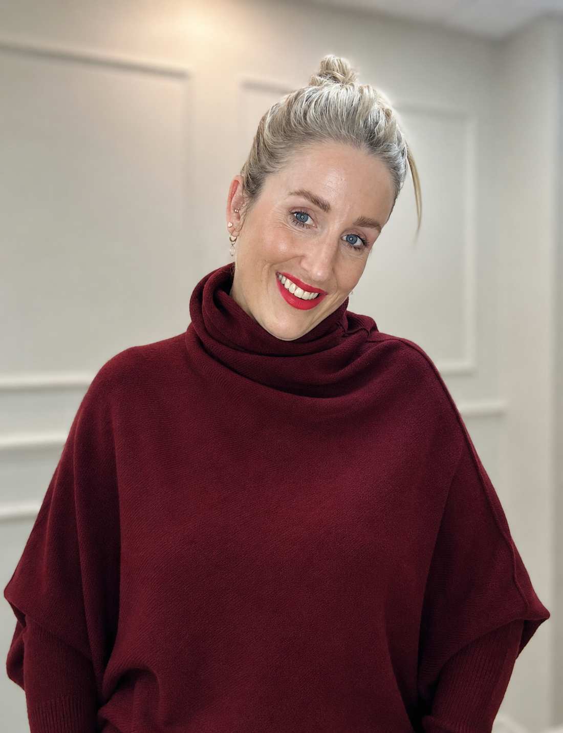 Roll-Neck Asymmetric Knit, Burgundy
