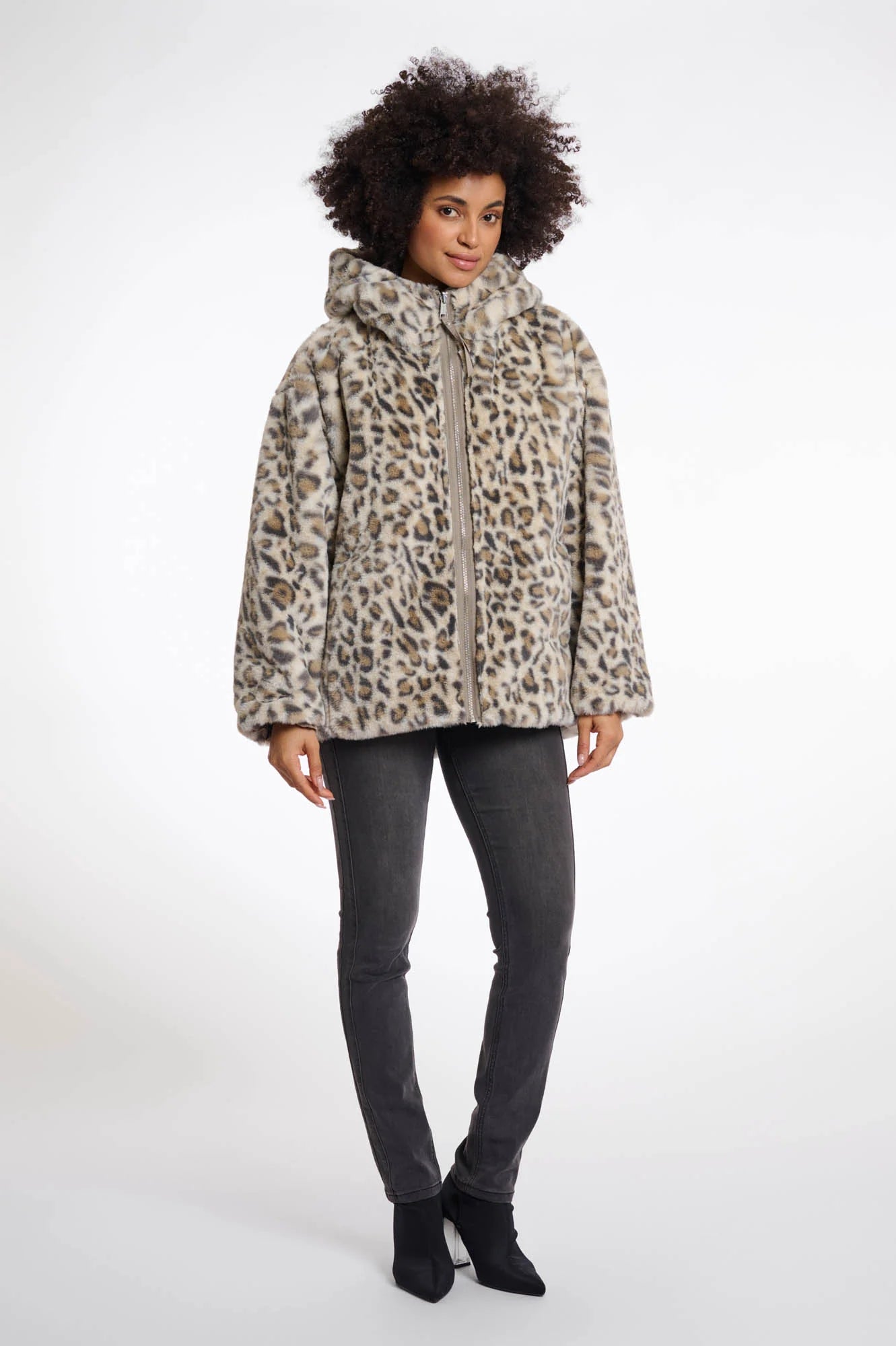 Ines Reversible Jacket with Hood, Light Pebble & Leopard