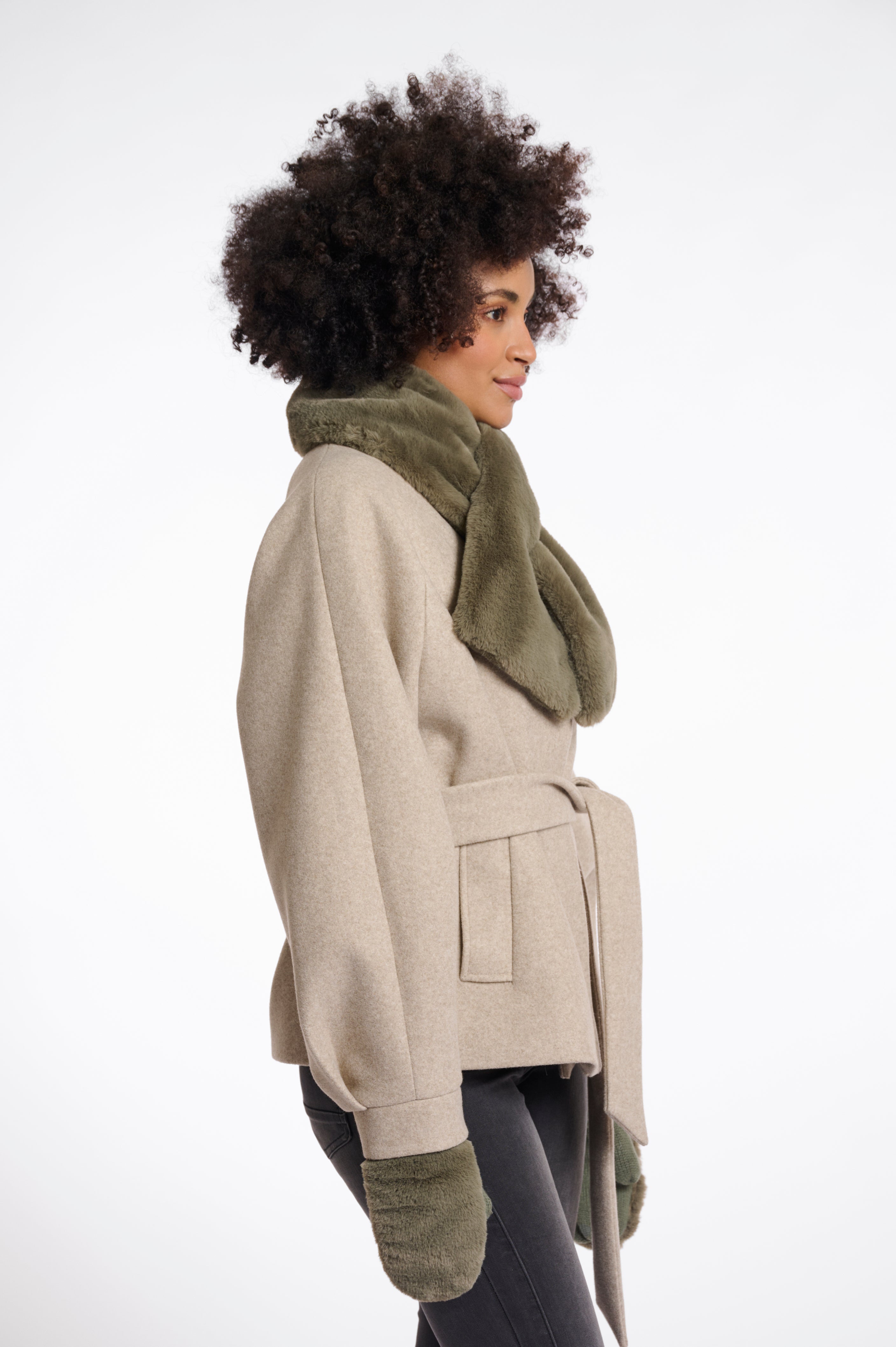 Stip Faux Fur Scarf, Green Ash