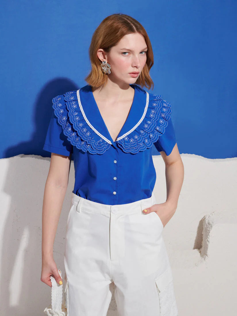 Aegean Trim Blouse, Cobalt Blue