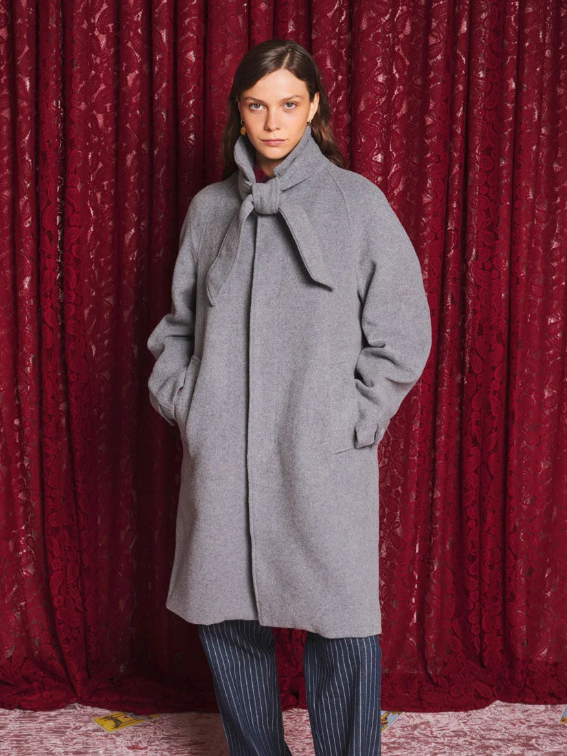 Morrigan Coat with Neck Tie, Soft Grey