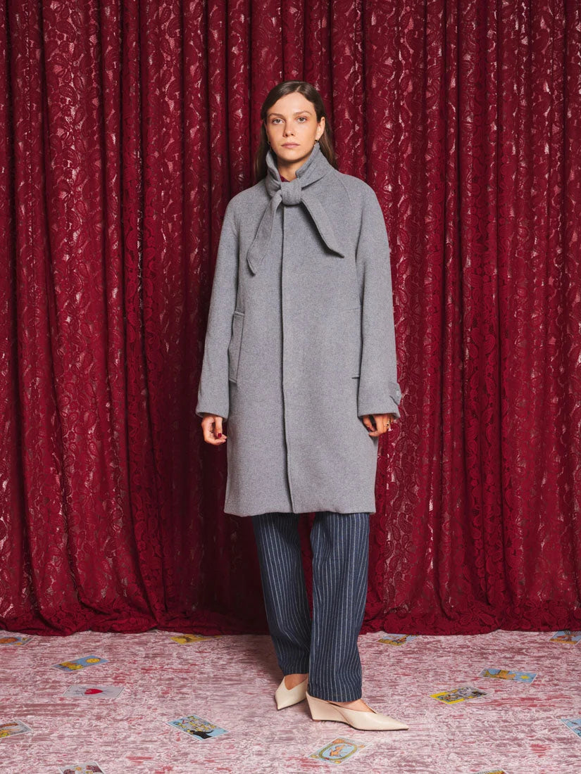 Morrigan Coat with Neck Tie, Soft Grey