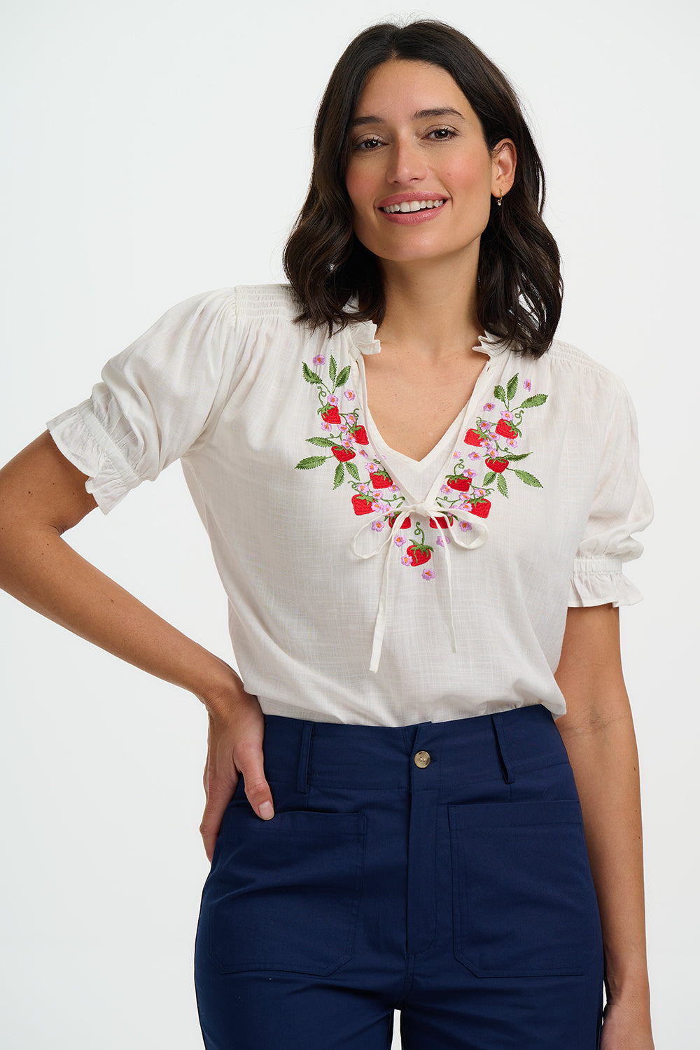 Angelique Shirred Top, Off-White, Wild Strawberry