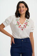 Angelique Shirred Top, Off-White, Wild Strawberry