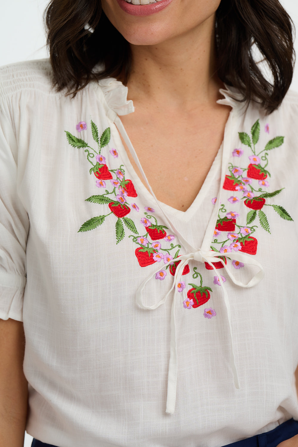 Angelique Shirred Top, Off-White, Wild Strawberry