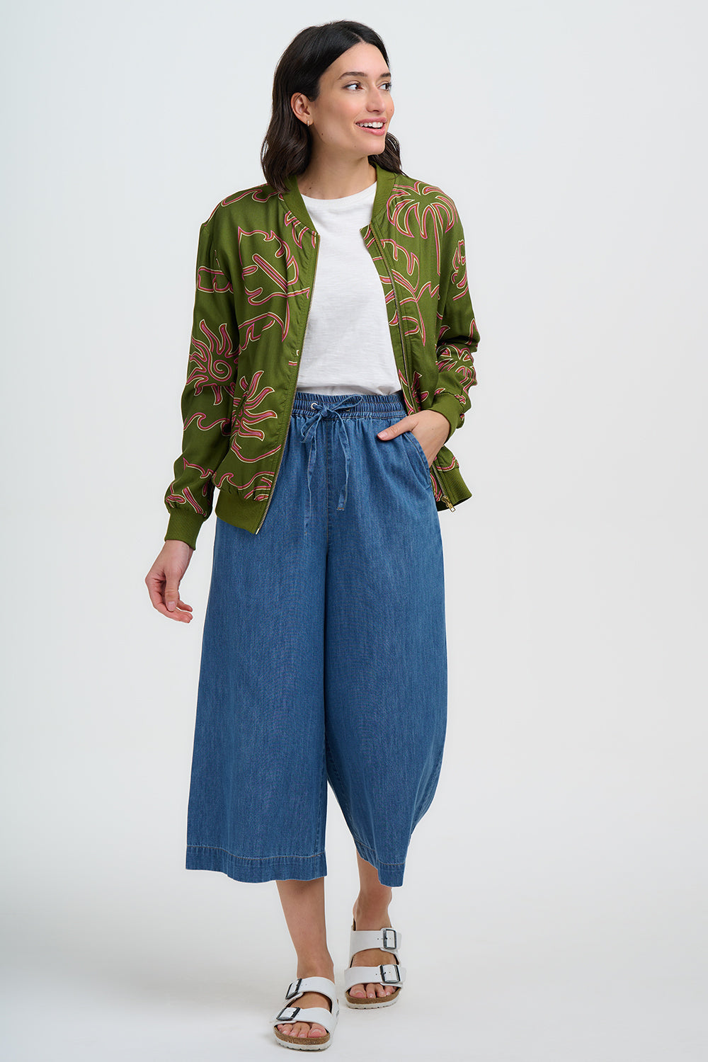 Bobbi Bomber Jacket, Khaki, Tropical Line Drawing
