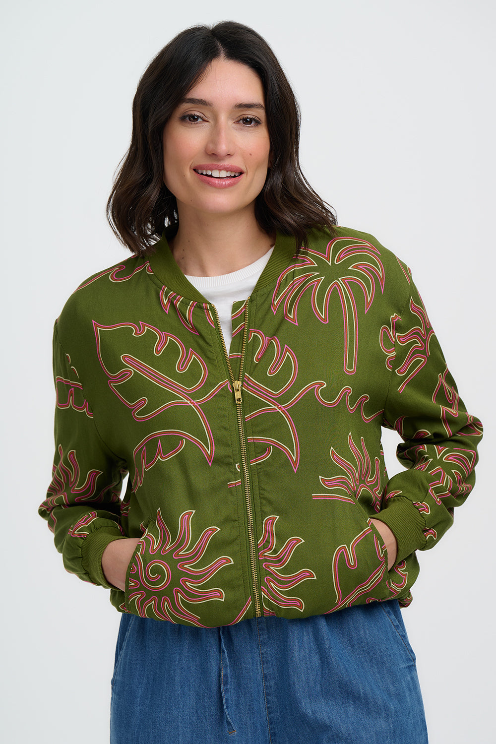 Bobbi Bomber Jacket, Khaki, Tropical Line Drawing