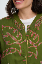 Bobbi Bomber Jacket, Khaki, Tropical Line Drawing