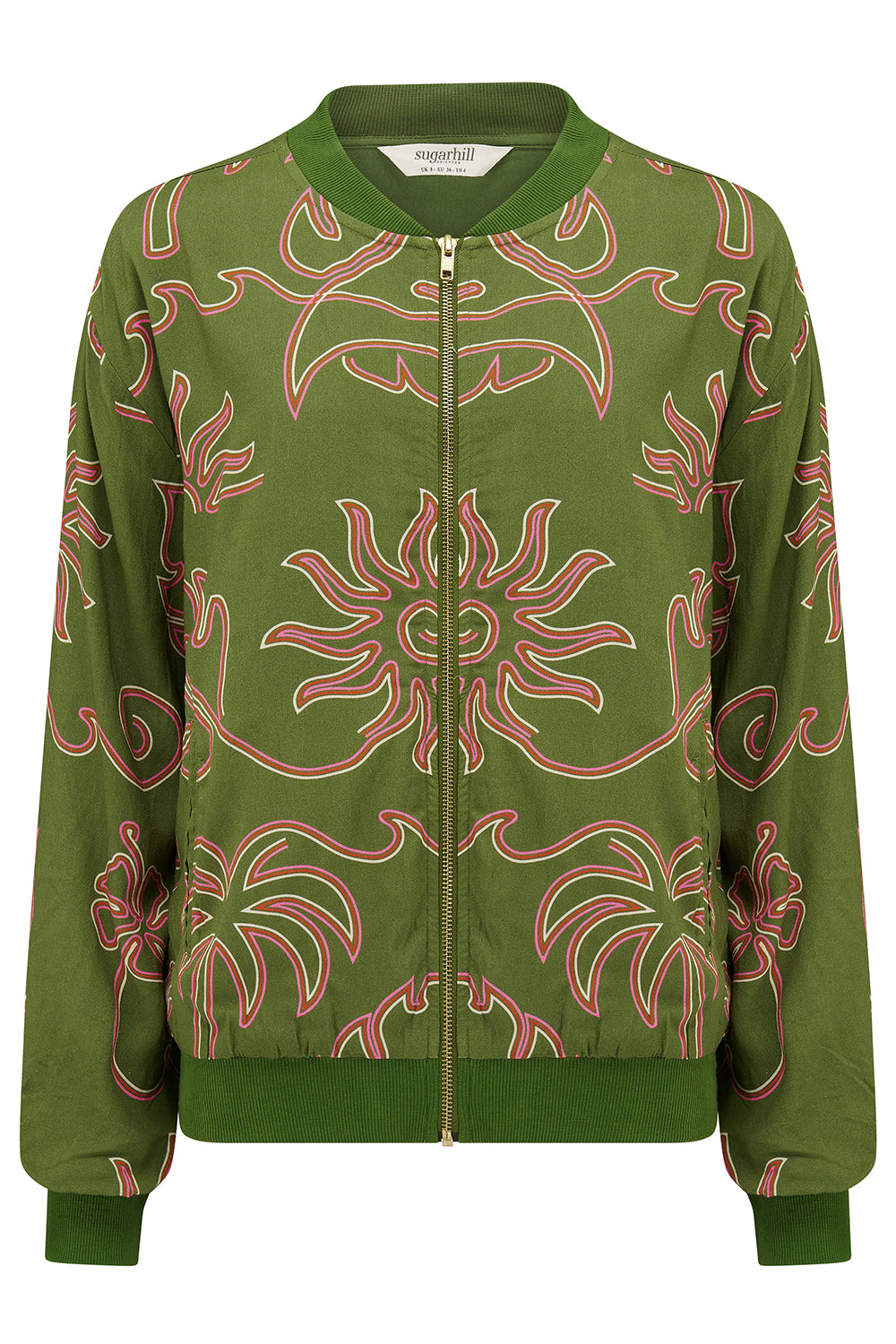 Bobbi Bomber Jacket, Khaki, Tropical Line Drawing