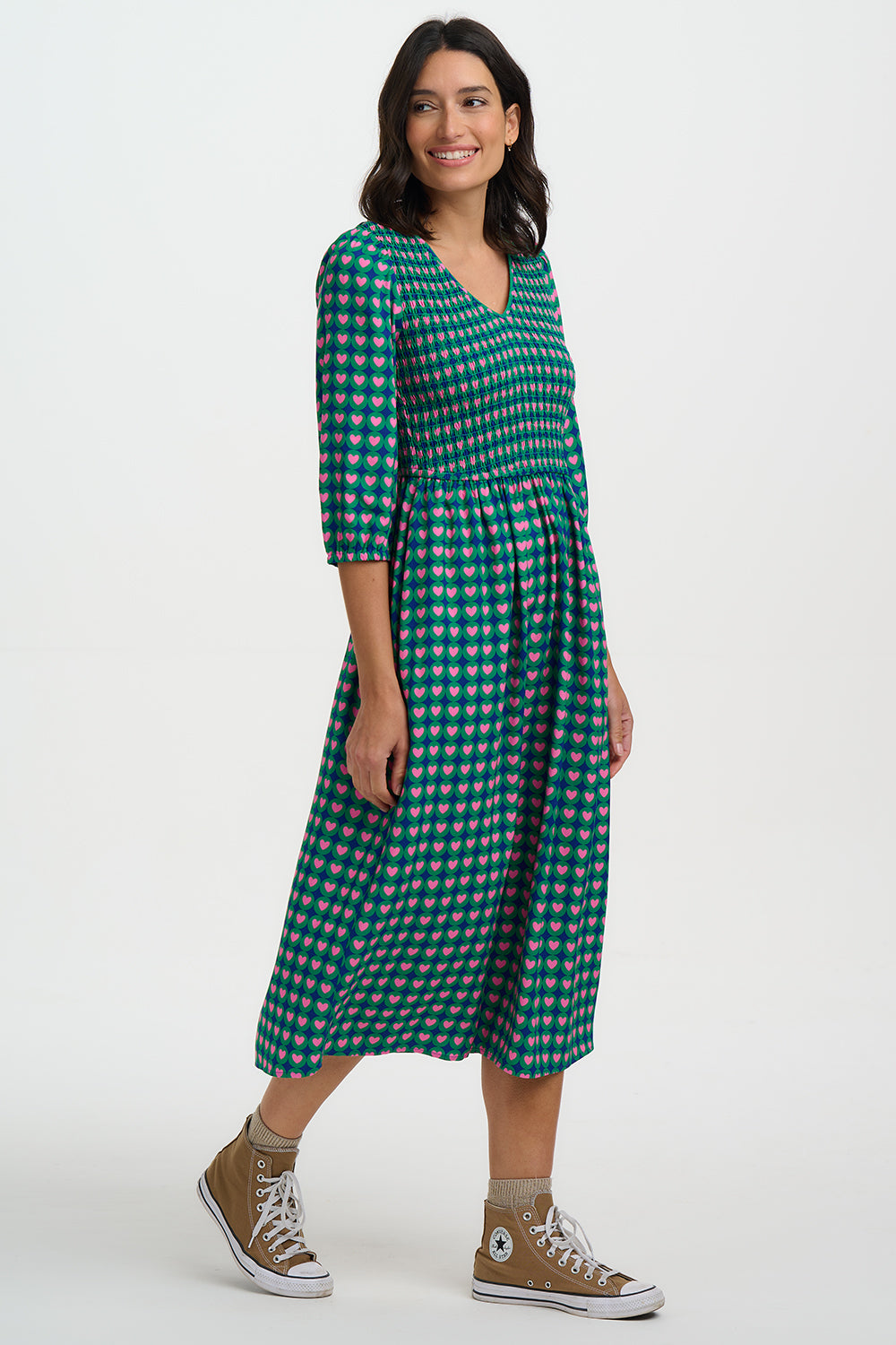 Della Shirred Midi Dress, Navy with Heart Tile