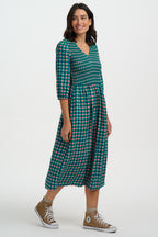 Della Shirred Midi Dress, Navy with Heart Tile